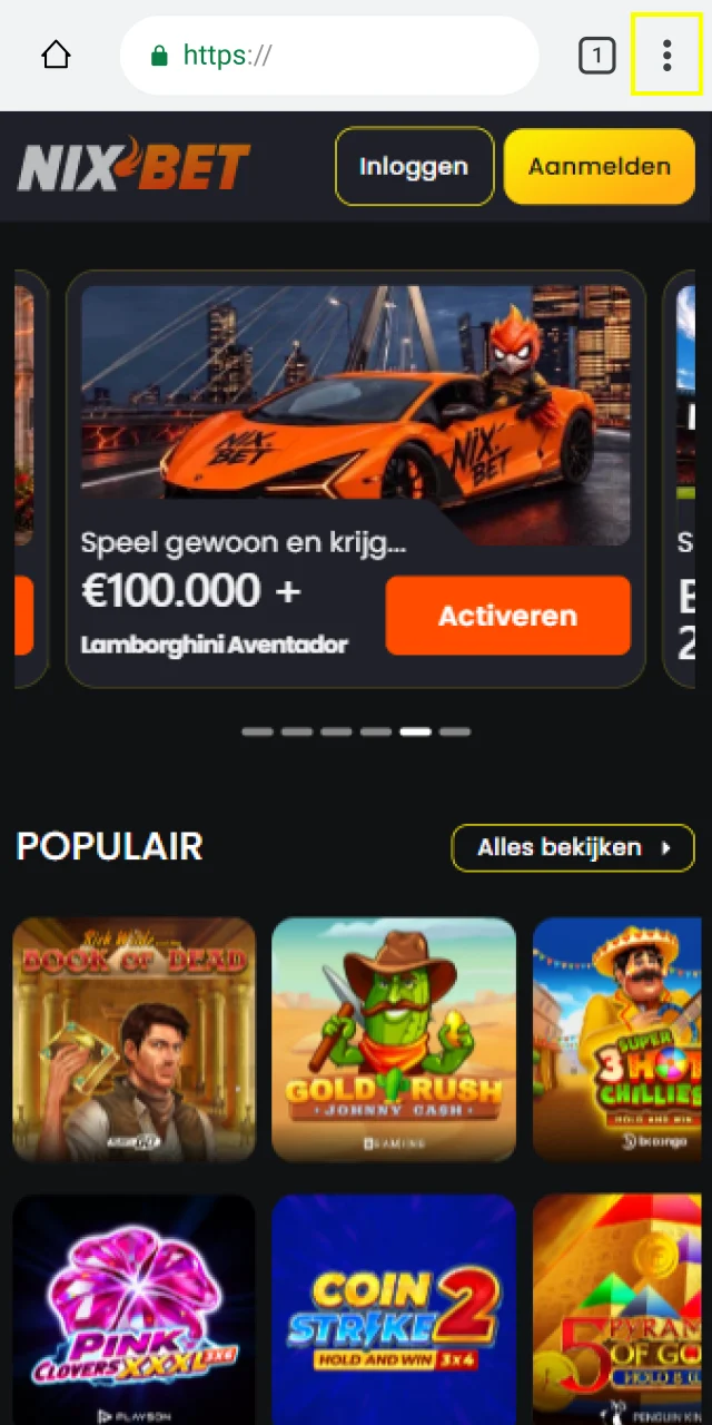 Open het browsermenu in Chrome om de Nixbet PWA te installeren.