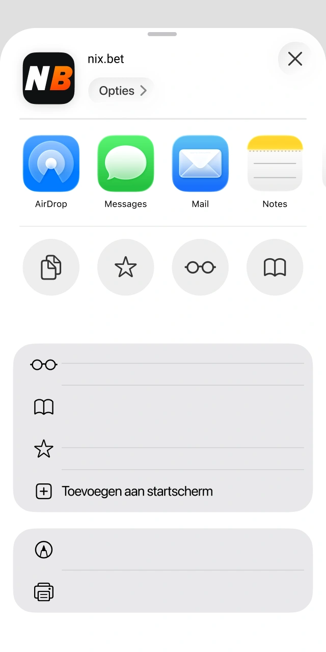 Selecteer Zet op beginscherm om de Nixbet PWA toe te voegen op iOS.