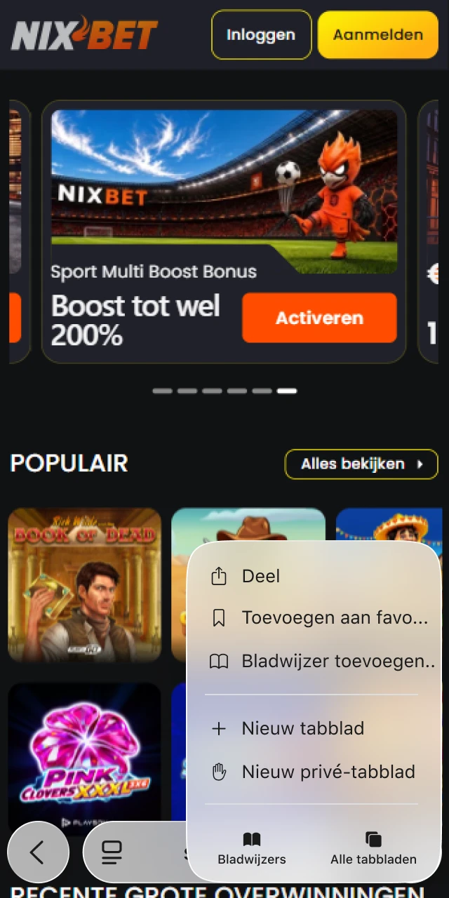 Tik op het deelicoon onderaan het scherm in Safari voor Nixbet.