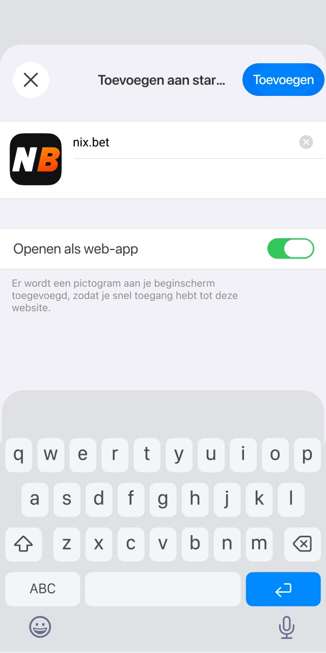 Bevestig de naam van de applicatie voor de Nixbet iOS-snelkoppeling.