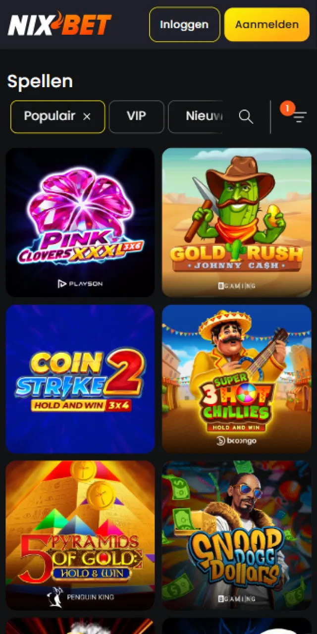 Schermafbeelding van het casino-aanbod in de Nixbet app voor smartphones.