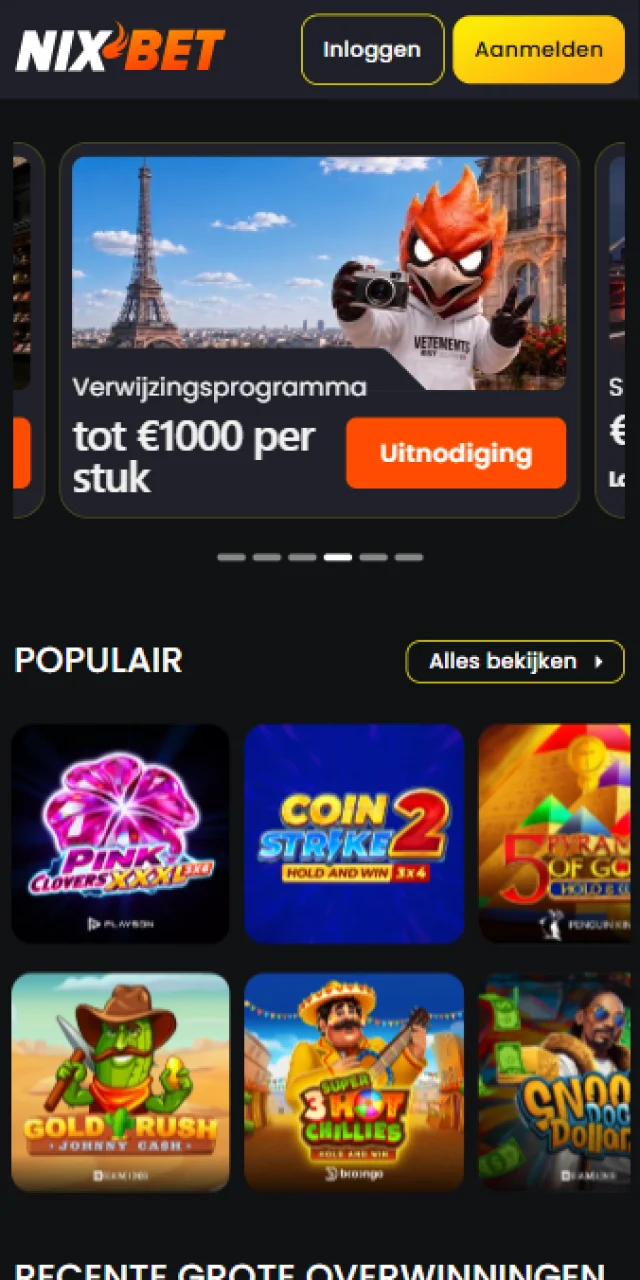 Schermafbeelding van het hoofdscherm van de Nixbet PWA app voor Android en iOS.