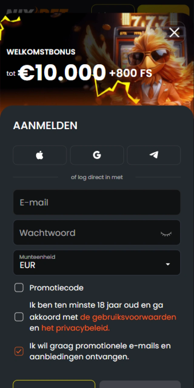Schermafbeelding van het registratiescherm in de mobiele Nixbet app.