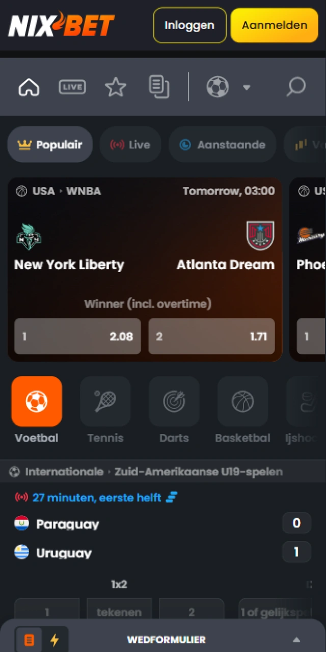 Schermafbeelding van de sectie sportweddenschappen in de Nixbet app.