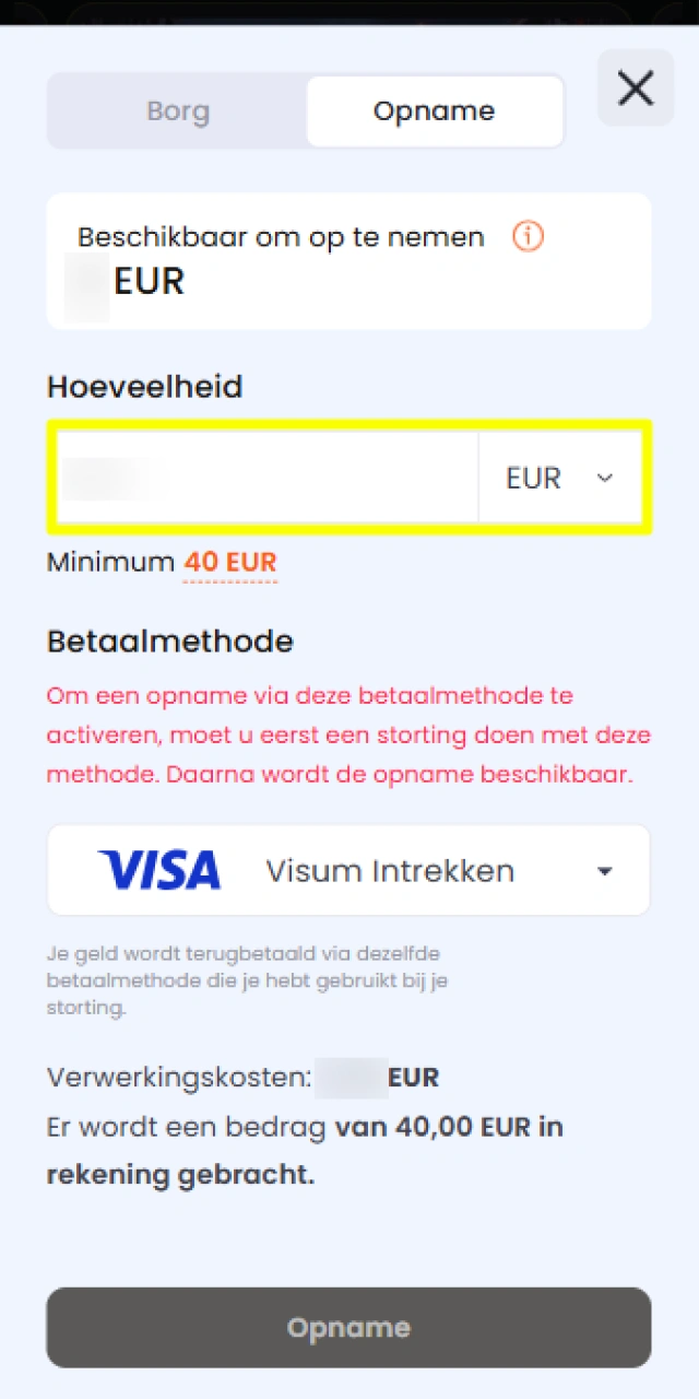Vul het bedrag in dat je wilt laten uitbetalen via Nixbet.