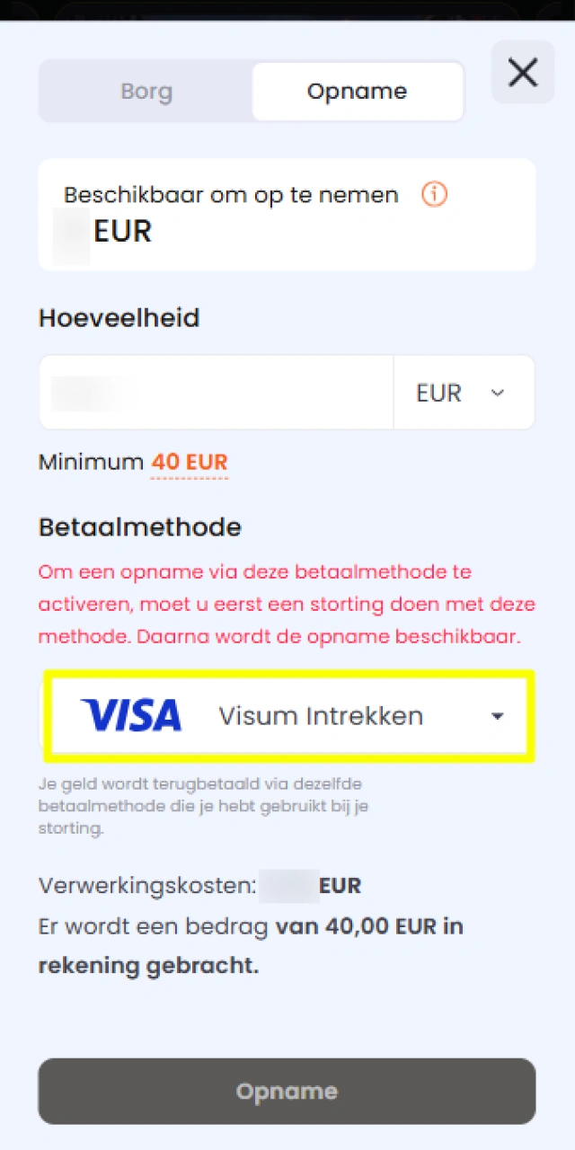 Selecteer je gewenste uitbetalingsmethode voor je Nixbet opname.