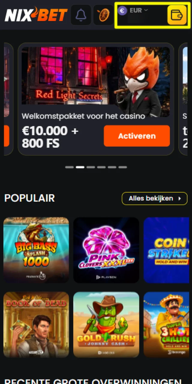 Open de Kassa in je Nixbet account om een storting te starten.