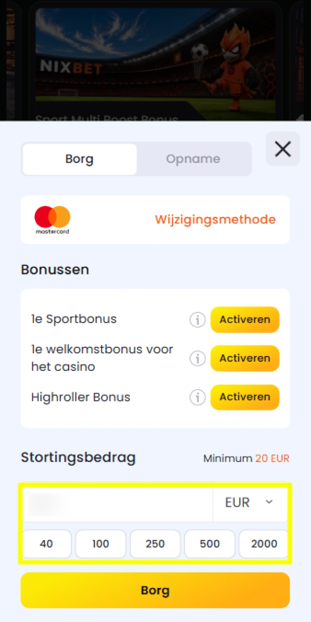 Voer het gewenste stortingsbedrag in op de Nixbet betalingspagina.