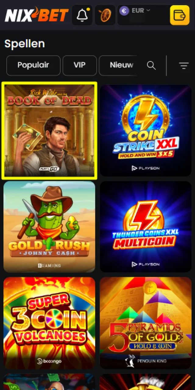 Selecteer je favoriete slot, live casino spel of crash game bij Nixbet.