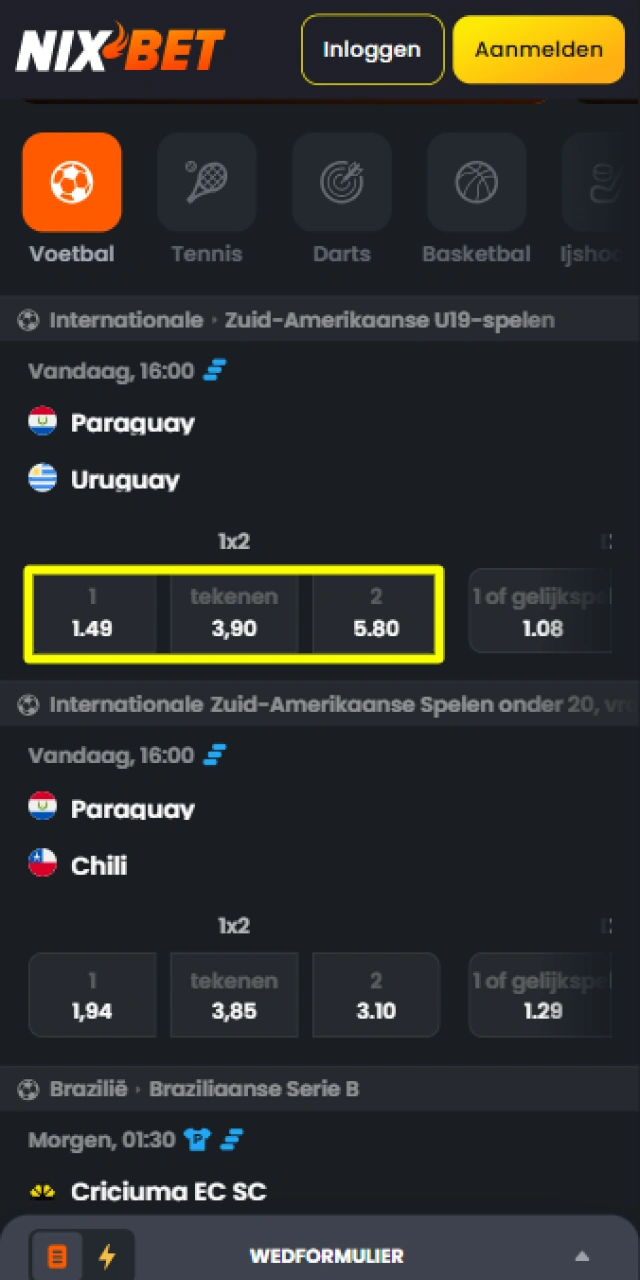 Selecteer een beschikbare wedmarkt voor je gekozen wedstrijd bij Nixbet.