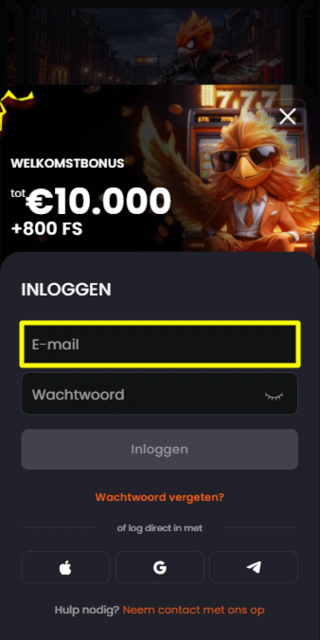 Vul je geregistreerde e-mailadres in op het Nixbet inlogscherm.