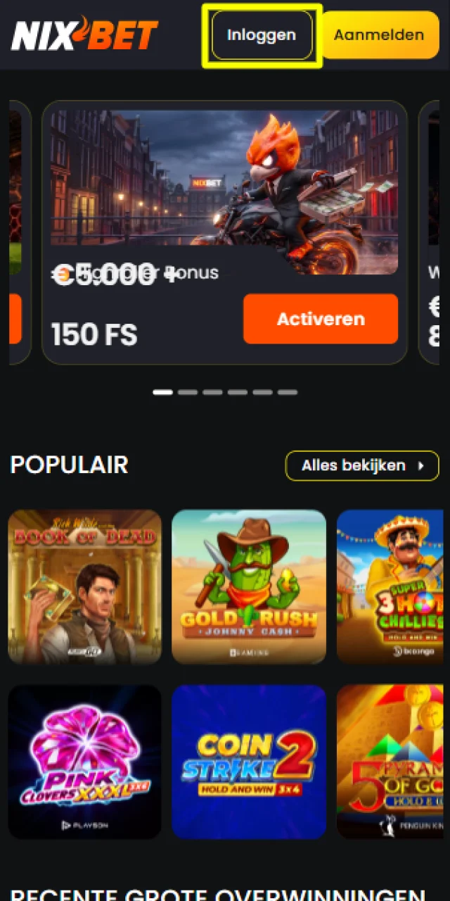 Klik op de inlogknop op de Nixbet website om het inlogproces te starten.