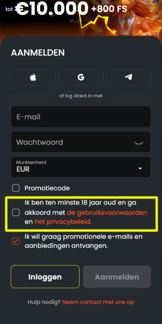 Bevestig dat je 18 jaar of ouder bent voor een account bij Nixbet.