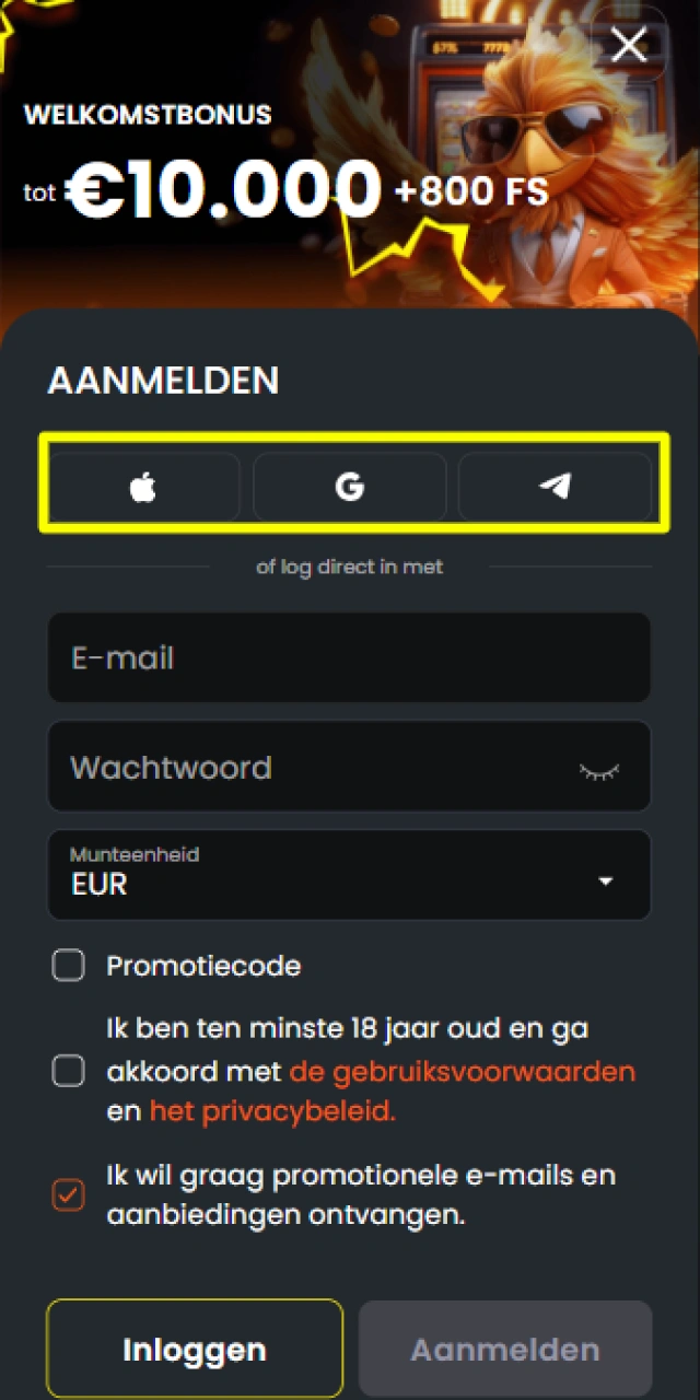 Selecteer de gewenste methode om je te registreren bij Nixbet Casino.