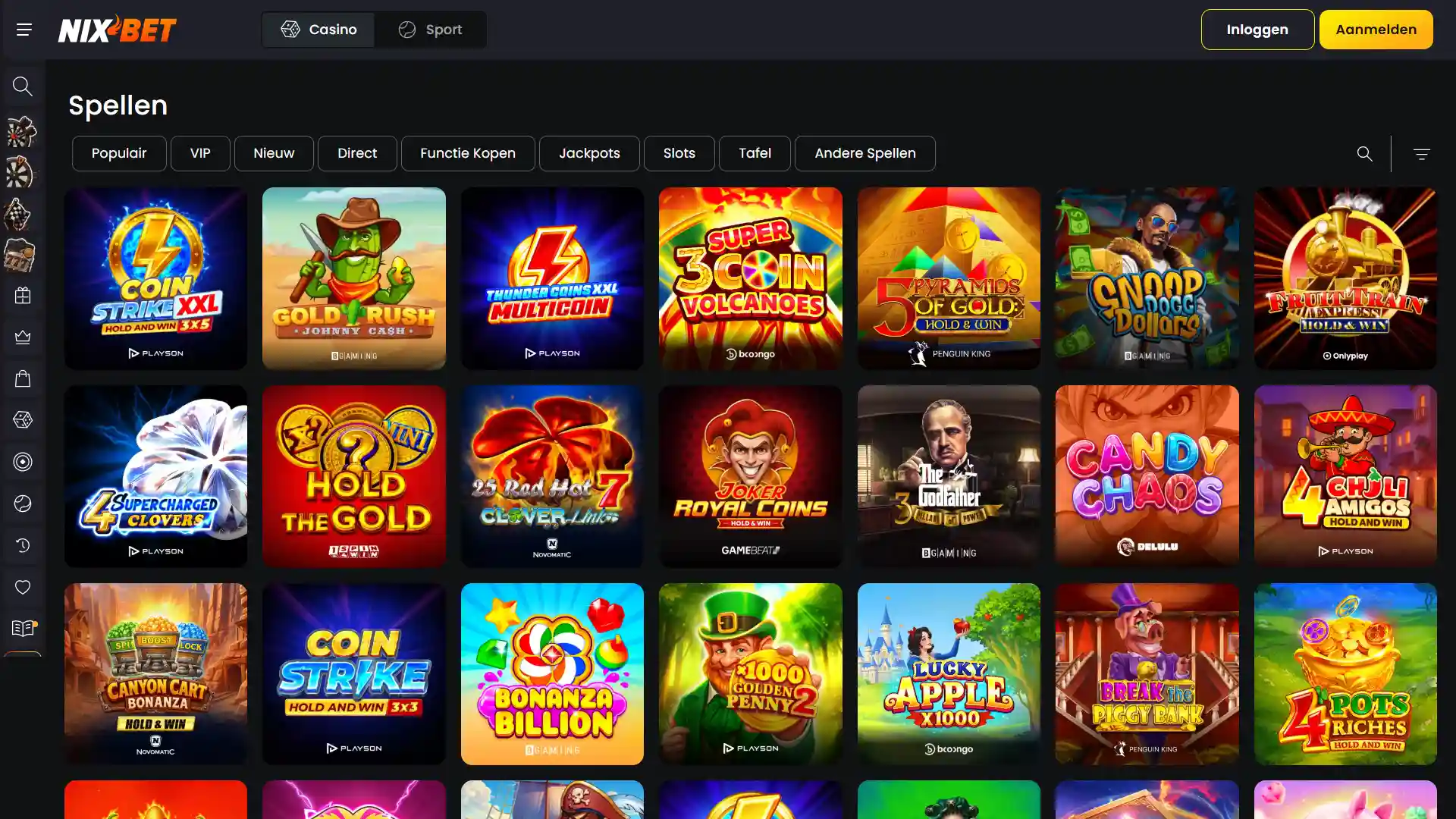 Schermafbeelding van de online casino spellen en gokkasten bij Nixbet.