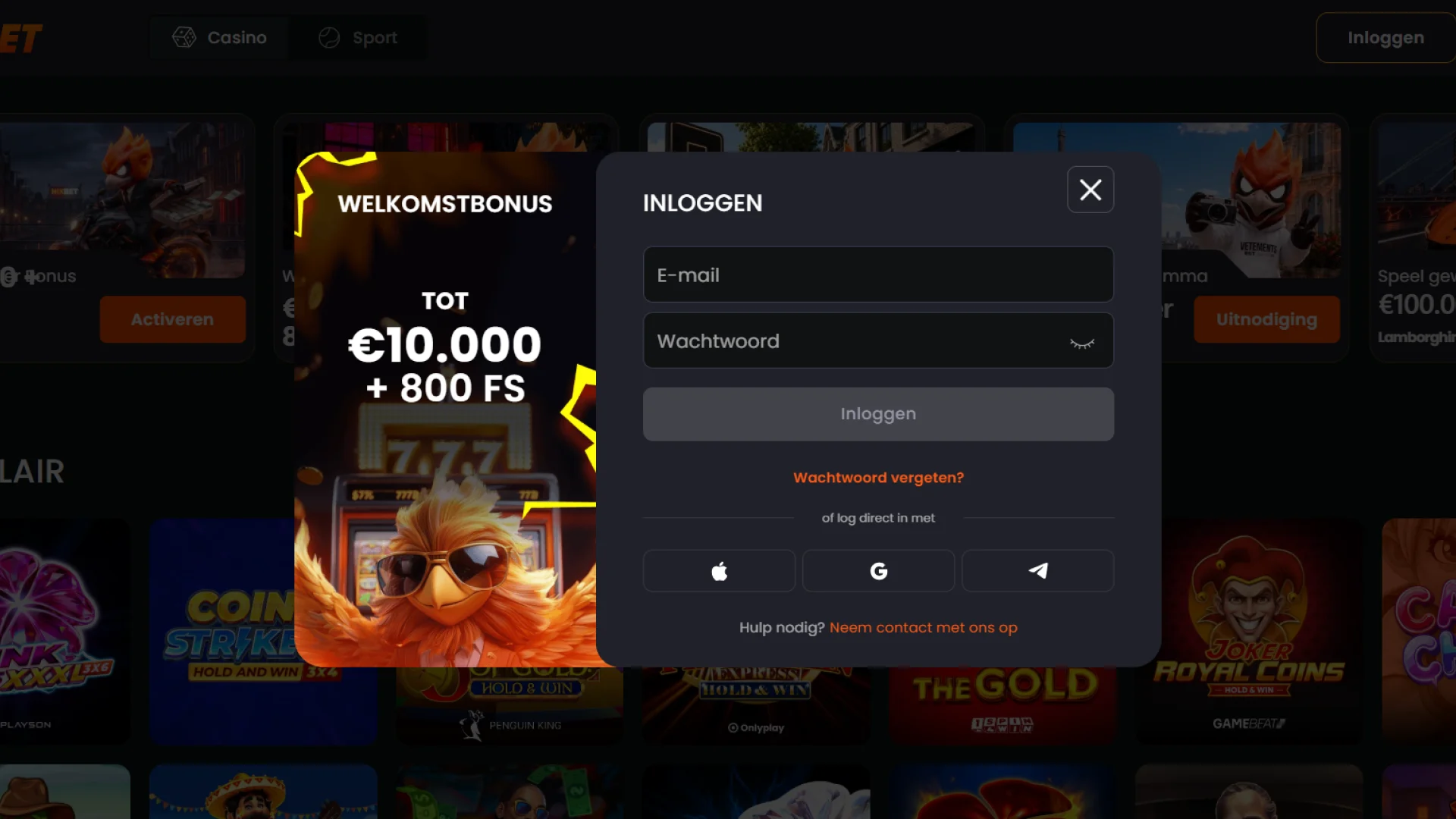 Schermafbeelding van het inlogscherm van het Nixbet spelersaccount.