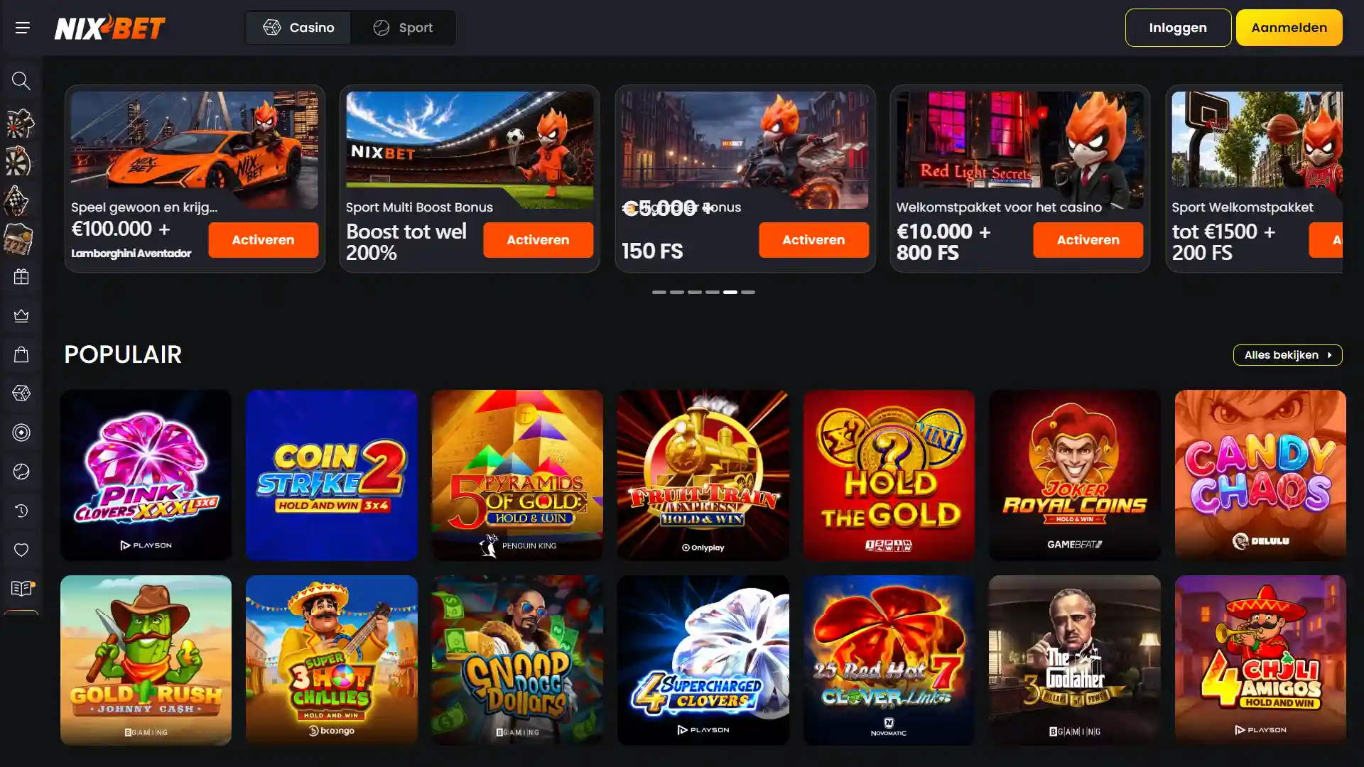 Schermafbeelding van de Nixbet hoofdpagina voor casino en sportweddenschappen in Nederland.