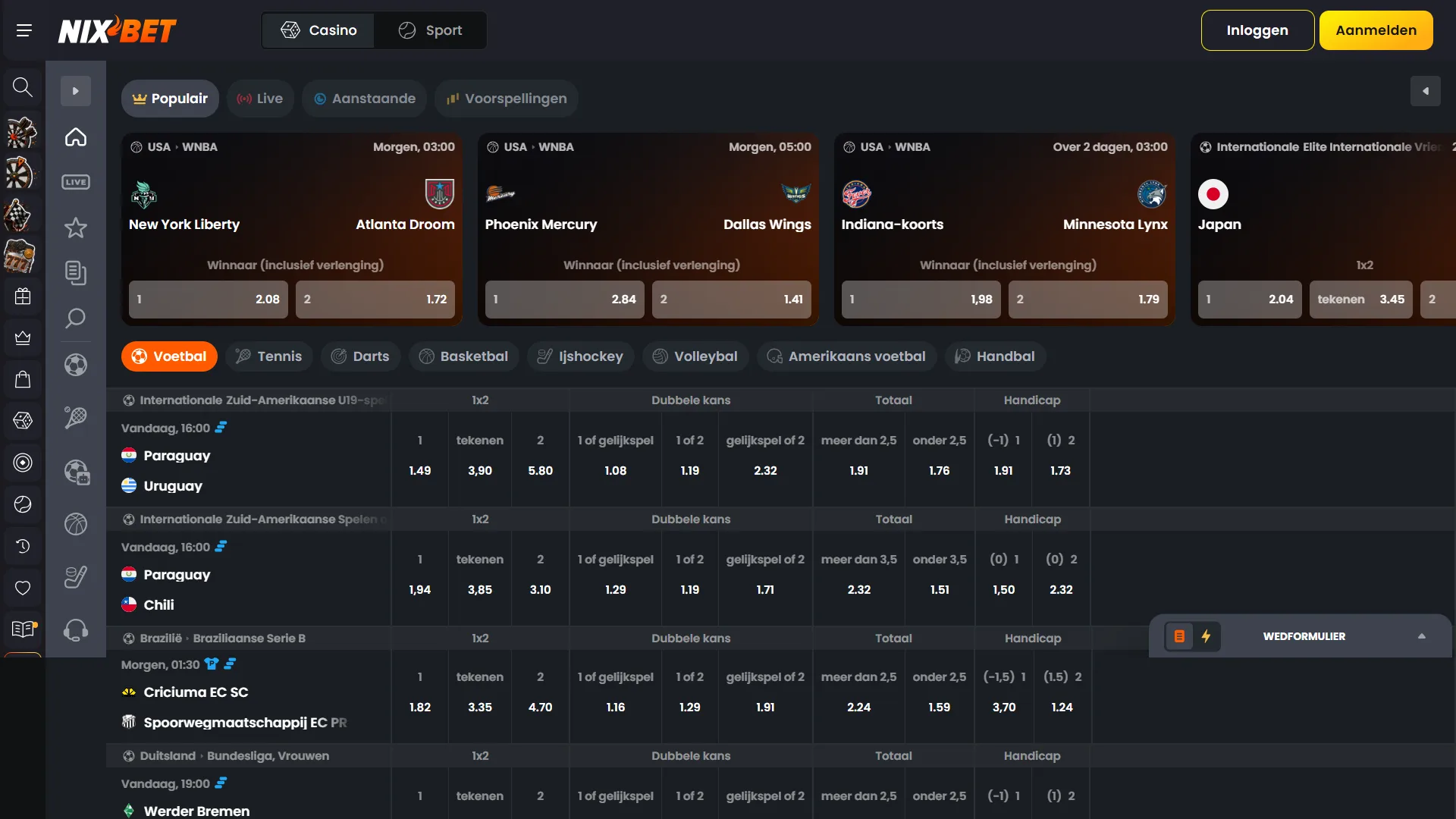 Schermafbeelding van het sportweddenschappen platform van Nixbet Nederland.
